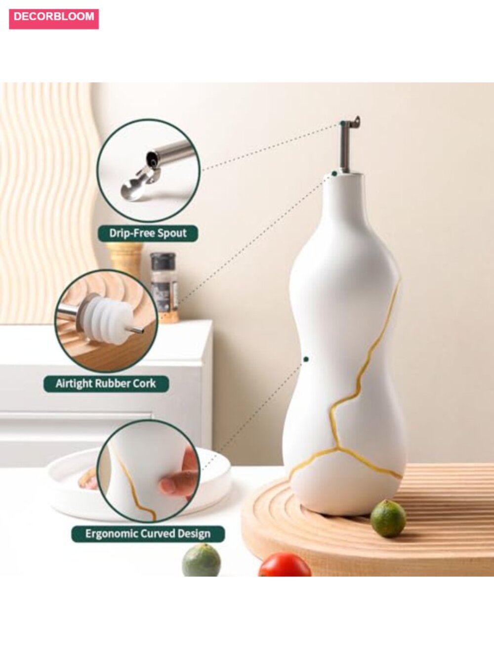 Ceramic Olive Oil Dispenser Bottle 22 oz Non-Drip Gold Accent Ergonomic - Picture 3 of 6